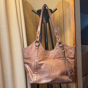Elegant THE SAX Embossed Brown Leather Tote Bag